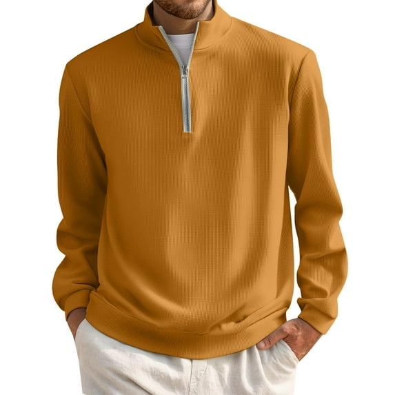 Domuza Men's Quarter-Zip Pullover Sweater Casual Mock Neck Long Sleeve Polo Shirt Fall Warm Waffle Knit Fleece Solid Color Sweatshirts Yellow M