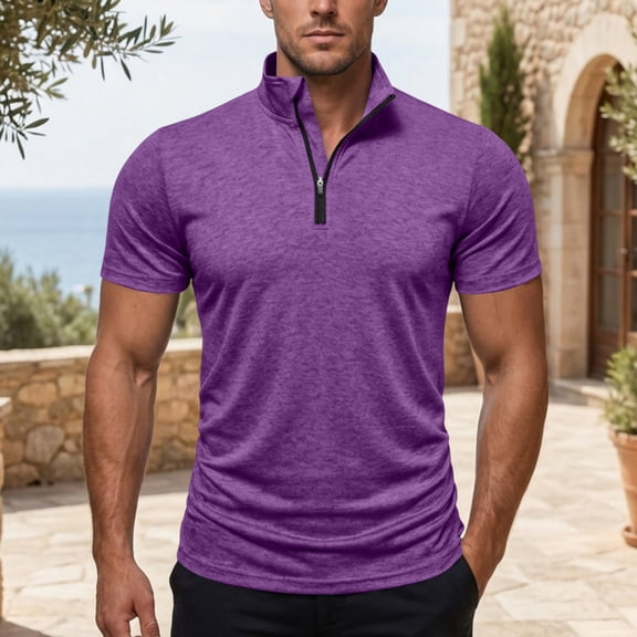 Domuza Men's Quarter Zip Up Lightweight Pullover Mock Neck Sweatshirts Short Sleeve Golf shirts Performance Athletic Casual Purple 2XL