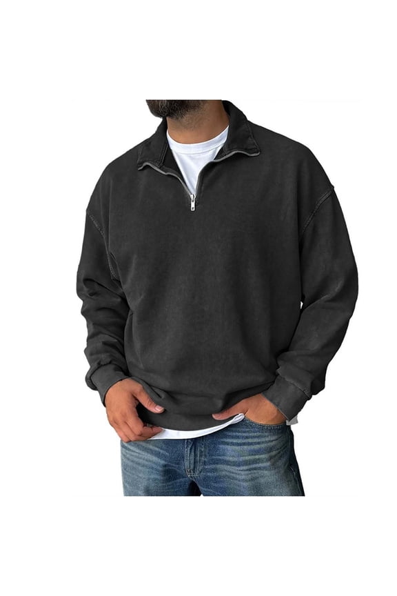 Men's Quarter Zipper Pullover Sweater Distressed Acid Wash Long Sleeve Cotton Sweatshirt Fall Winter Casual Collared Relaxed Fit Solid Pullover Top Black_006 L