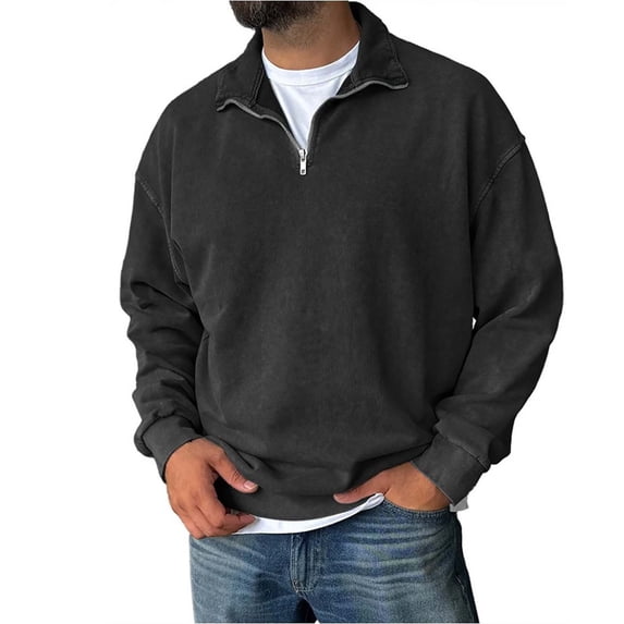 Domuza Men's Quarter Zipper Pullover Sweater Distressed Acid Wash Long Sleeve Cotton Sweatshirt Fall Winter Casual Collared Relaxed Fit Solid Pullover Top Black_006 L