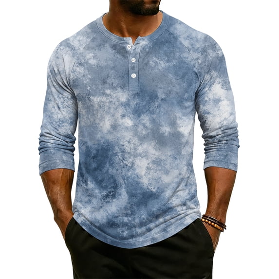 Domuza Men's Regular Fit Casual Henley, Washed 3/4 Sleeve Raglan Breathable Summer Blue M