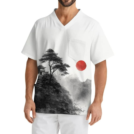 Domuza Men's Scrub Top Plus Size Short Sleeve V-Neck Nurse Uniform Geometric Landscape Graphic Stretch T-Shirt Soft Comfort Caregiver Top with Pockets Red XXL