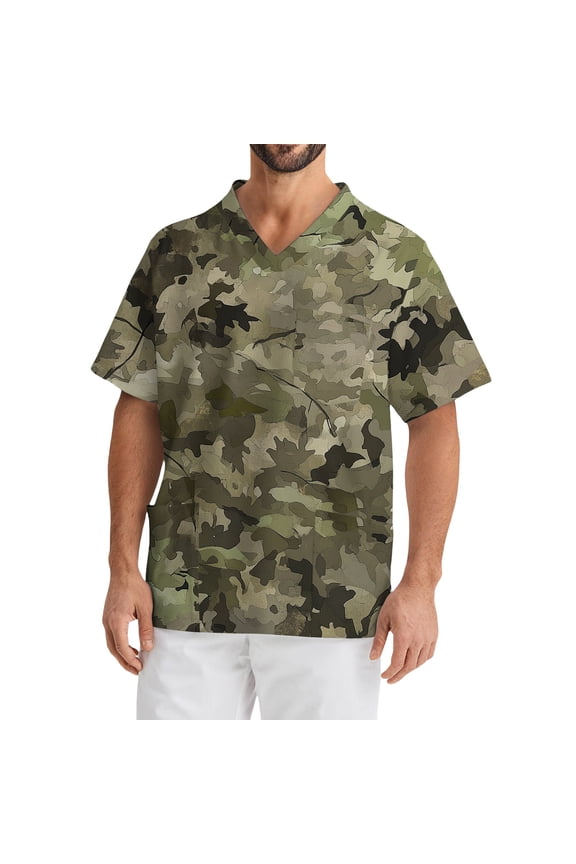 Men's Scrub Top Plus Size Short Sleeve V-Neck Work Uniform Camo Print Stretch T-Shirt Soft Comfort Nursing Top with Pockets Army Green XL