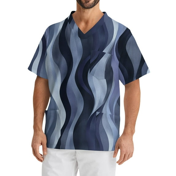 Domuza Men's Scrub Top Plus Size Short Sleeve V-Neck Work Uniform Geometric Landscape Graphic Stretch T-Shirt Comfort Soft Caregiver Tops with Pockets Blue S