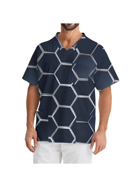 Men's Scrub Top Plus Size Short Sleeve V-Neck Working Uniform Landscape Geometric Graphic Stretch T-Shirts Soft Comfort Nurse Tops with Pockets Dark Blue XL