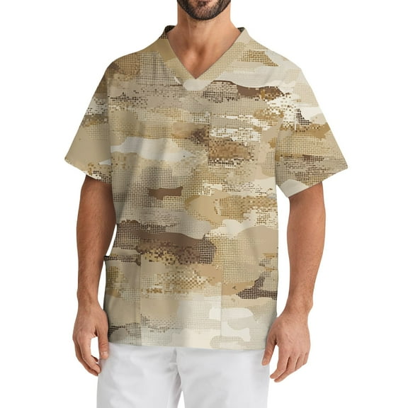 Domuza Men's Scrub Top Plus Size V-Neck Short Sleeve Nurse Uniform Camo Print Stretch T Shirt Comfort Soft Nurse Top with Pockets Earthy Yellow M