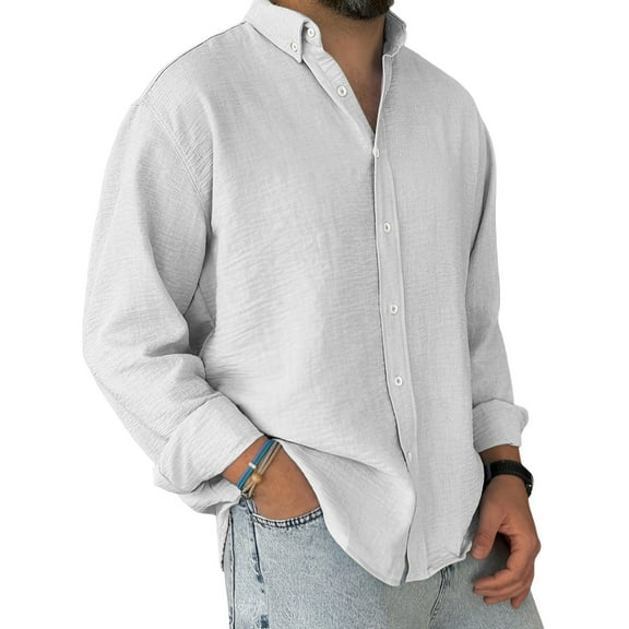 Domuza Men's Shirts Casual Long Sleeve Button Up Loose Fit Summer Vacation T-Shirt Comfy Lightweight Stretch Untucked Collared Tops with Pocket White 3XL