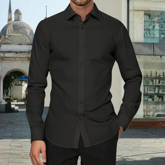 Domuza Men's Shirts Long Sleeve Button Up Regular Fit Formal Dress Shirt Solid Stretch Wrinkle-Resistant Collared Business Casual T Shirt Black M