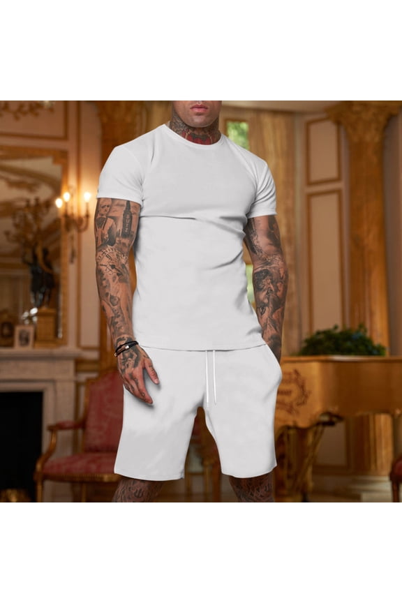 Men's Short Sets 2 Piece Outfits Summer Tracksuits Casual Short Sleeve Basic Tee Shirts & Shorts with Pockets White XL