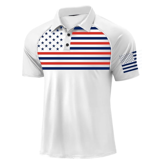 Domuza Men's Short Sleeve Golf Shirts UPF 50+ Raglan Patriotic American Graphic Polo Shirt White M