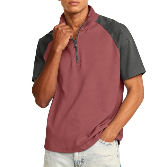 Domuza Men's Short Sleeve Shirts Quarter Zip Stand Collar Fitted Tshirts Loose Fit Lightweight Color Block Athletic Golf Tees Wine S