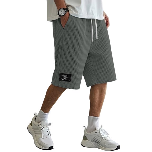 Domuza Men's Shorts Jacquard Texture Casual Embroidered Logo Waffle Knit Short with Pockets Dark Gray M