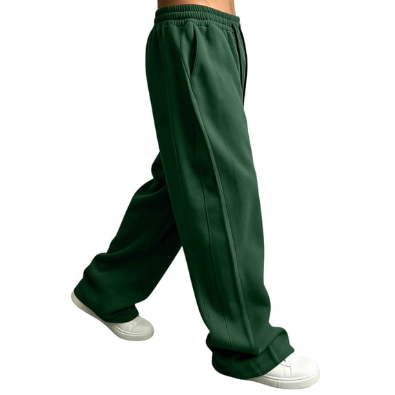 Domuza Men's Straight Leg Sweatpants, Open Bottom Relaxed Fit, Drawstring Elastic Waist Casual Pants with Pockets Dark Green XL