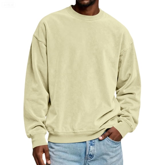 Domuza Men's Suede Crewneck Sweatshirt Vintage Distressed Washed Long Sleeve Sweat Shirt Fall Winter Thermal Oversized Casual Solid Pullover Top Khaki 5XL