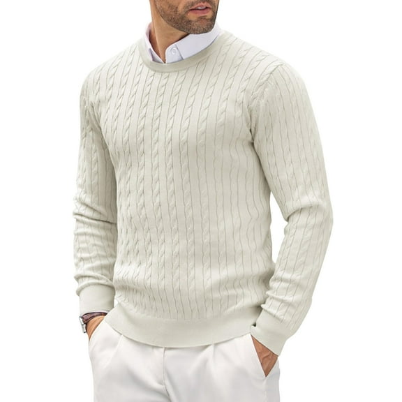Domuza Mens Sweaters Crew Neck Long Sleeve Trendy Casual Knit Dress Sweater Fall Winter Comfy Soft Stretch Slim Fit Business Pullover Top White 2XL