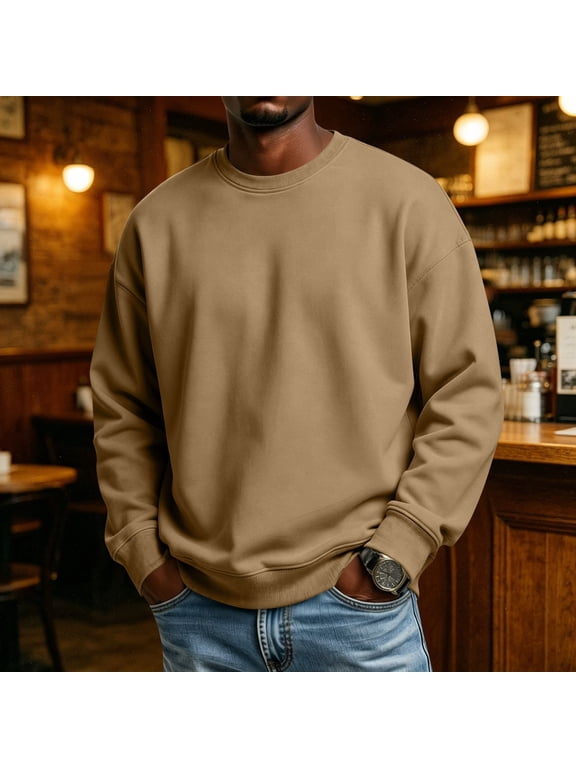 Men's Sweatshirts Long Sleeve Crewneck Fleece Pullover Tops Fall Winter Casual Street Y2k Holiday Outdoor Running Walking Loungewear Light Brown S