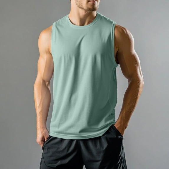 Domuza Men's Tank Top Athletic Workout Moisture Wicking Sleeveless T Shirts Summer Lightweight Casual Solid Crew Neck Running Beach Tees Mint Green S
