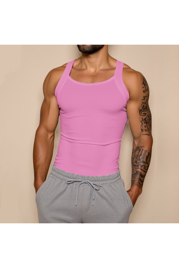 Men's Tank Top Undershirt Casual Bodybuilding Muscle Sleeveless Square Neckline Shirts 2026 Summer Fashion Running Training Beach Top Pink M