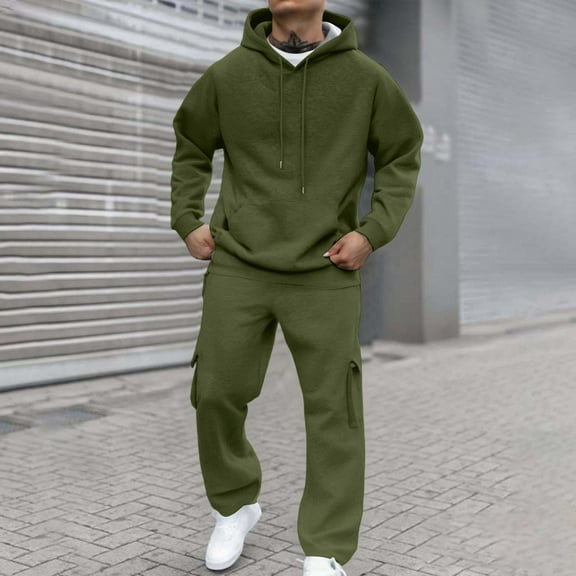 Domuza Men's Track Suits 2 Piece Set Fleece Hoodie Sweatshirt & Cargo Sweatpants Set Sports Casual Tracksuits Fall Winter Jogging Suit Army Green M