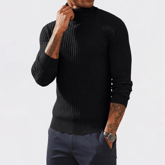 Domuza Men’s Turtleneck Sweater, Long‑Sleeve Stretch Ribbed Knitted Pullover Top, Slim‑Fit Basic Lightweight Casual Jumper for Fall & Winter