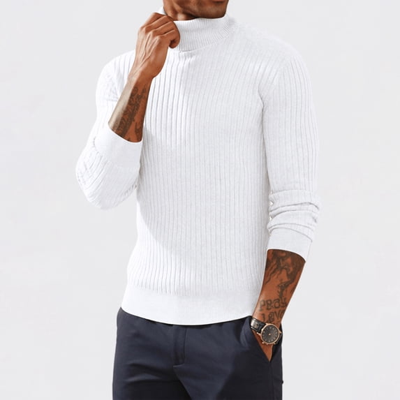 Domuza Men’s Turtleneck Sweater, Long‑Sleeve Stretch Ribbed Knitted Pullover Top, Slim‑Fit Basic Lightweight Casual Jumper for Fall & Winter