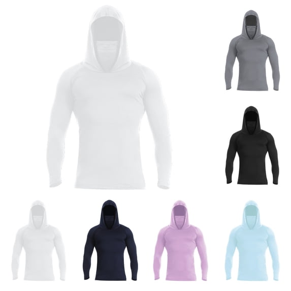 Domuza Men's UPF 50+ Sun Protection Hooded Shirt Long Sleeve Lightweight Rash Guard Shirts with Integrated Face Cover White M