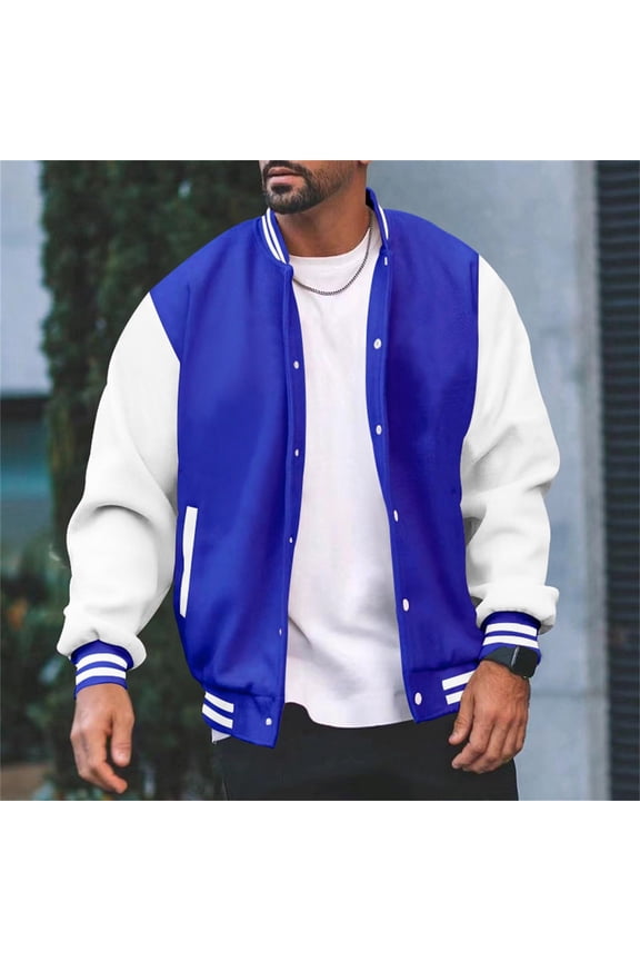 Men's Varsity Jackets Casual Stylish Slim Fit Letterman Baseball Bomber Jackets Classic College Style Lightweight Button Down Coat Royal Blue XXL