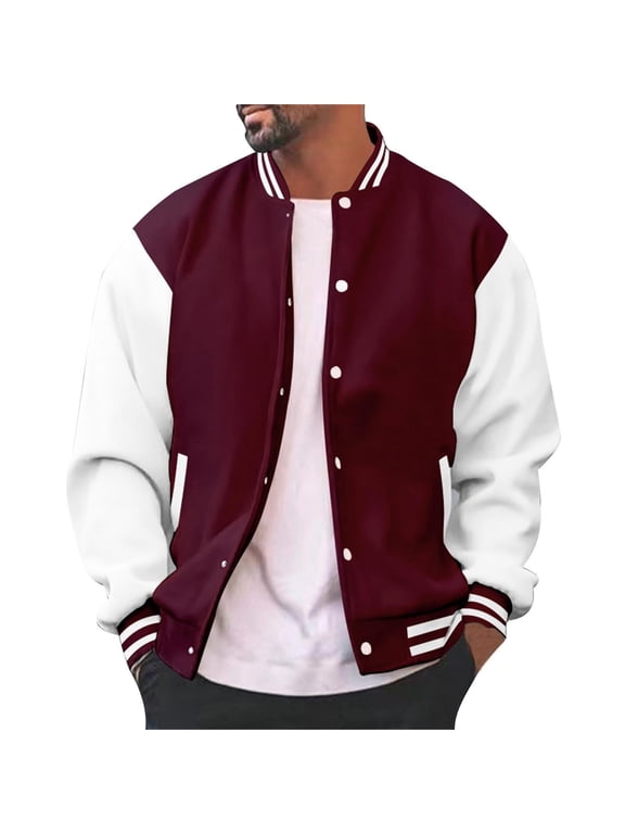 Men's Varsity Jackets Fashion Casual Slim Fit Letterman Baseball Bomber Jackets Classic College Style Lightweight Button Up Sweatshirt Wine M