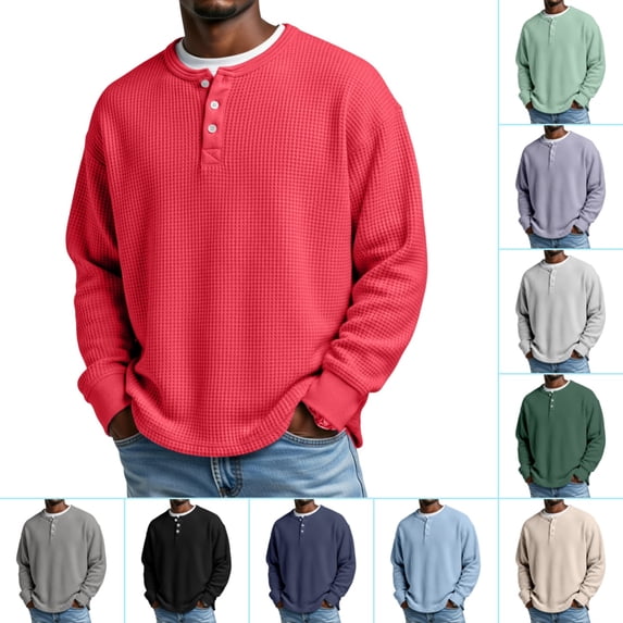 Domuza Men's Waffle Henley Shirts Long Sleeve Button Knitted Textured Tshirts Spring Fall 2026 Trendy Loose Fit Comfy Blouse