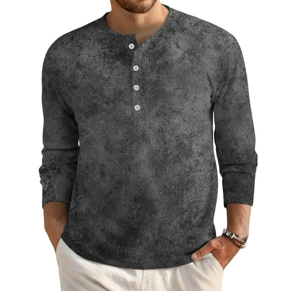 Domuza Men's Waffle Henley Shirts Long Sleeve Casual Stylish Button Down T-Shirts Fall Lightweight Loose Fit Raglan Tie Dye Blouse Dark Gray 3XL