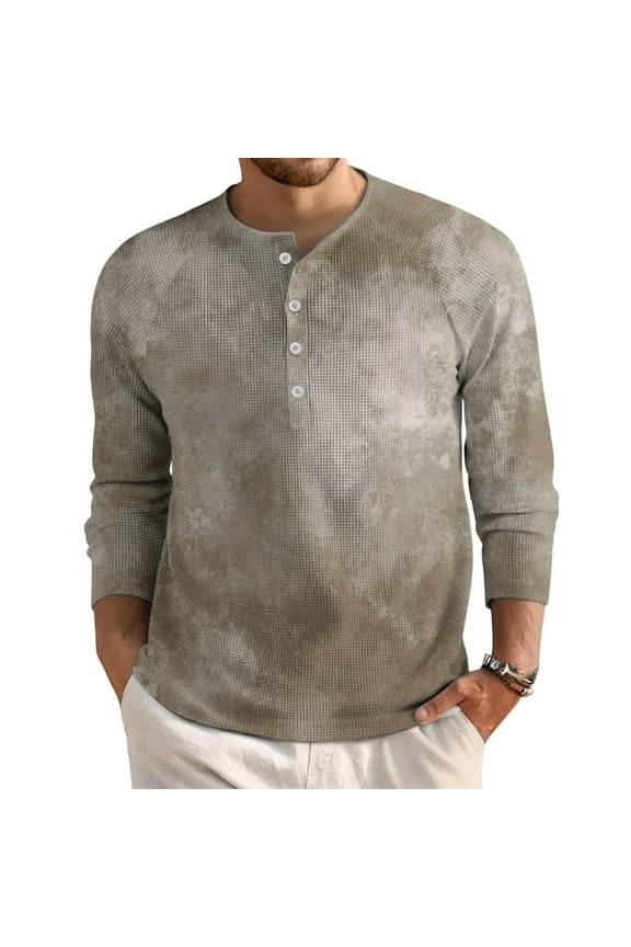 Men's Waffle Henley Shirts Long Sleeve Stylish Casual Button Down Tshirts Fall Lightweight Loose Fit Raglan Tie Dye Tops Khaki XL