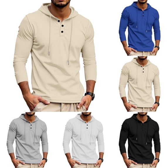 Domuza Men's Waffle Hoodie Pullover, Long Sleeve Drawstring Casual Top, Regular Fit Lightweight Sweatshirt Khaki M