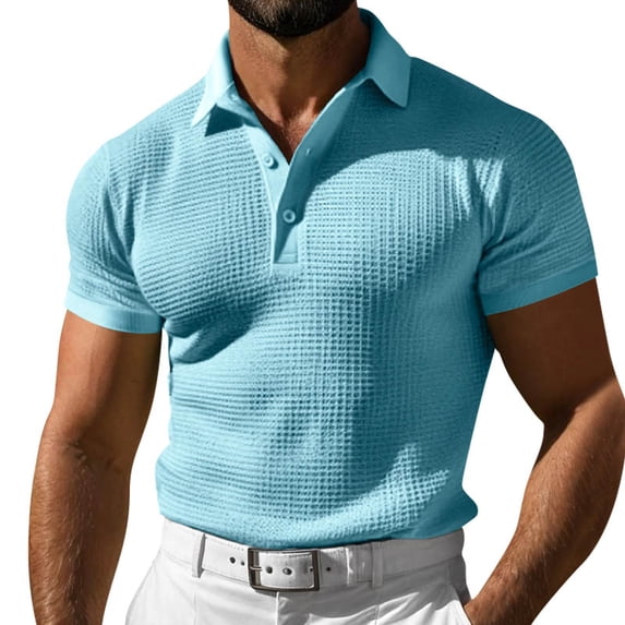 Domuza Men's Waffle Polo Shirts Button Down Waffle Knit Shirt Short Sleeve Tee Shirts Fashion Casual Pullover Tops Light Blue XL