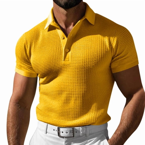 Domuza Men's Waffle Polo Shirts Casual Textured Button Down Summer T-Shirts Lightweight Solid Pullover Tee Yellow L