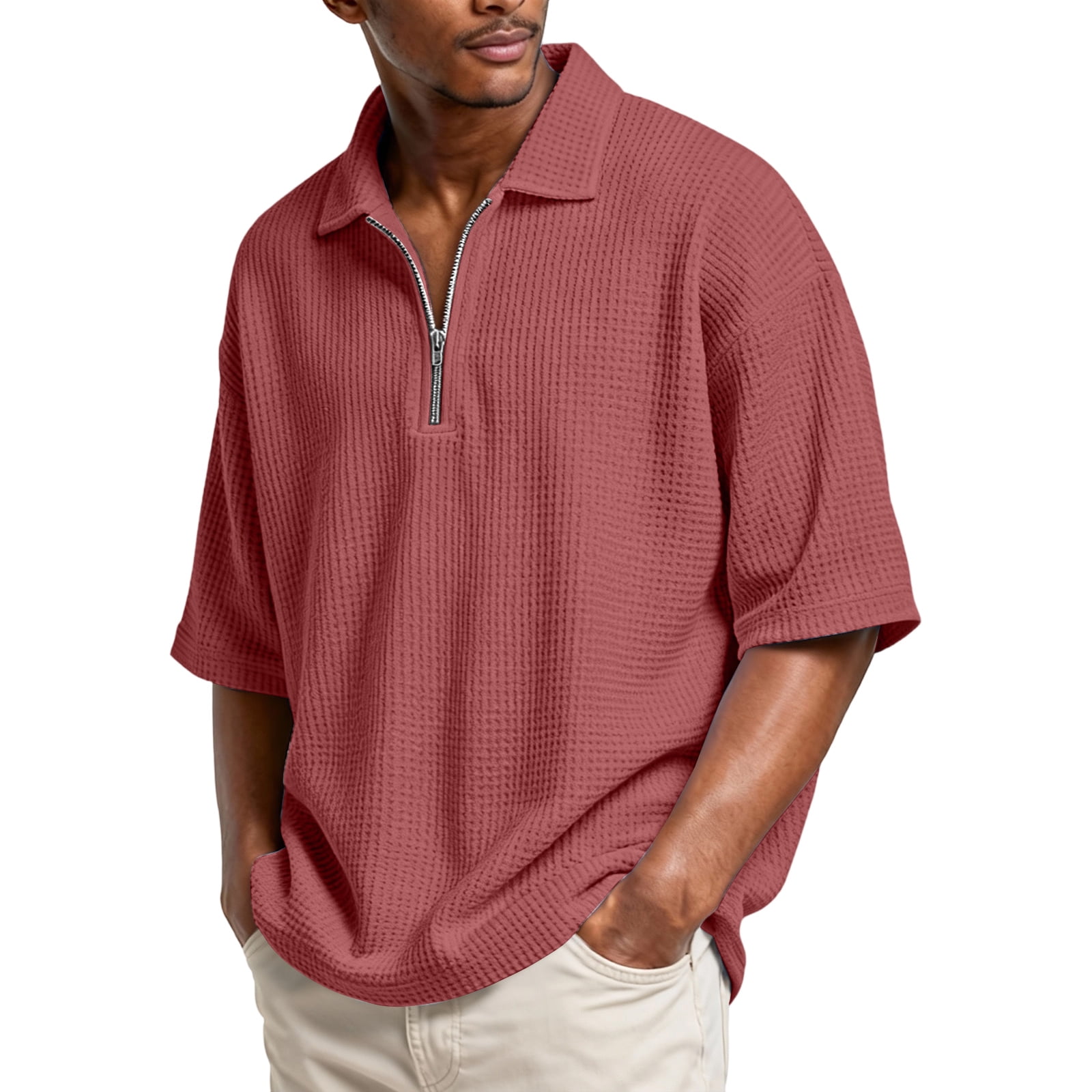 Domuza Mens Waffle Polo Shirts Short Sleeve 1/4 Zip Up Lapel T