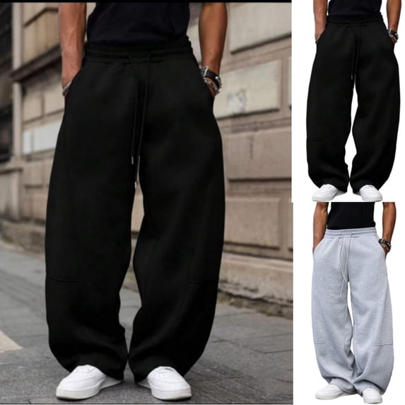Domuza Men's Wide Leg Loose Sweatpants Open Bottom Drawstring Workout Gym Baggy Pants with Pockets Black M