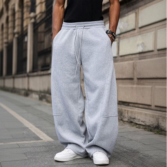 Domuza Men's Wide Leg Loose Sweatpants Open Bottom Drawstring Workout Gym Baggy Pants with Pockets Light Gray S