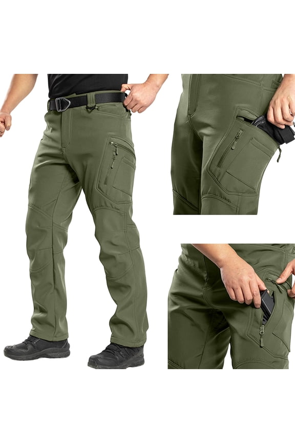 Men's Winter Hiking Pants Fleece Lined Cargo Work Softshell Snow Ski Waterproof Pants with Pockets Green M