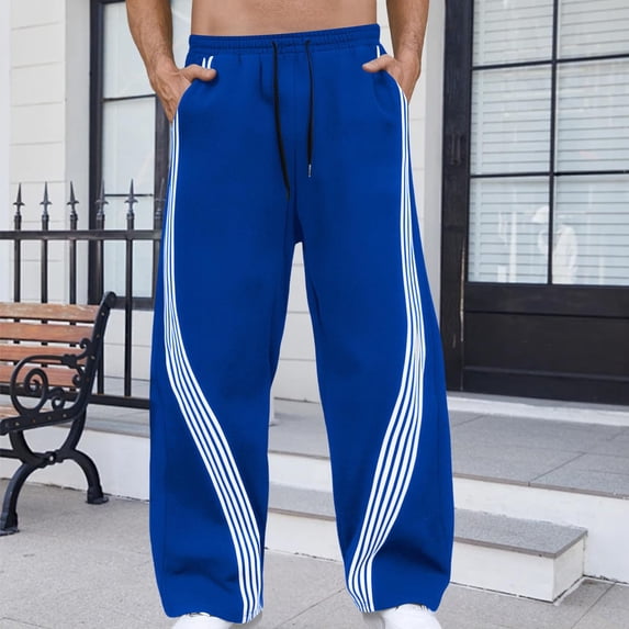 Domuza Men's Y2k Graphic Baggy Sweatpants Wide Leg Striped Open Bottom Drawstring Sweatpants with Pockets Blue L