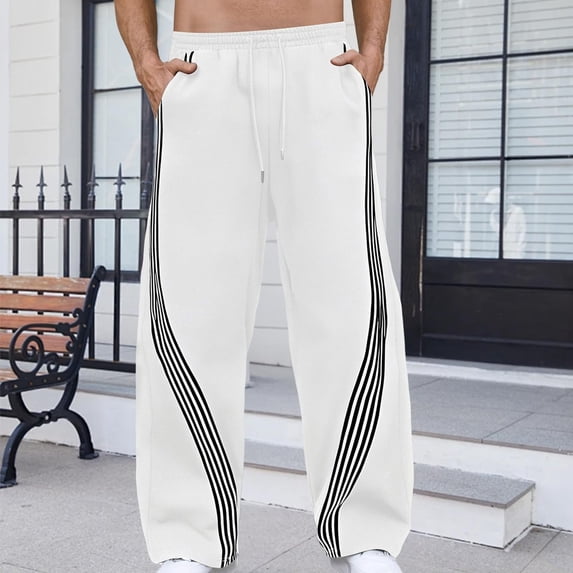 Domuza Men's Y2k Graphic Baggy Sweatpants Wide Leg Striped Open Bottom Drawstring Sweatpants with Pockets White M