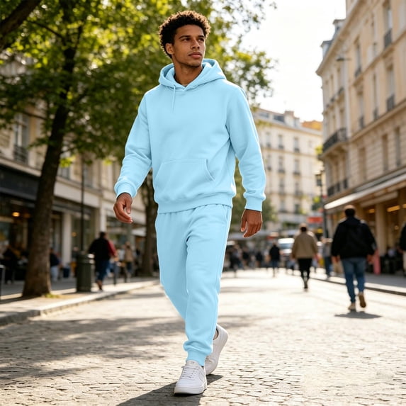 Domuza Mens 2 Piece Fleece Sweatsuit, Hoodie and Jogger Pants Set, Warm Athletic Casual Wear Light Blue 3XL