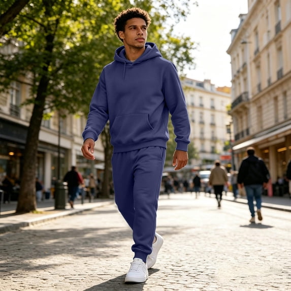 Domuza Mens 2 Piece Fleece Sweatsuit, Hoodie and Jogger Pants Set, Warm Athletic Casual Wear Navy XL