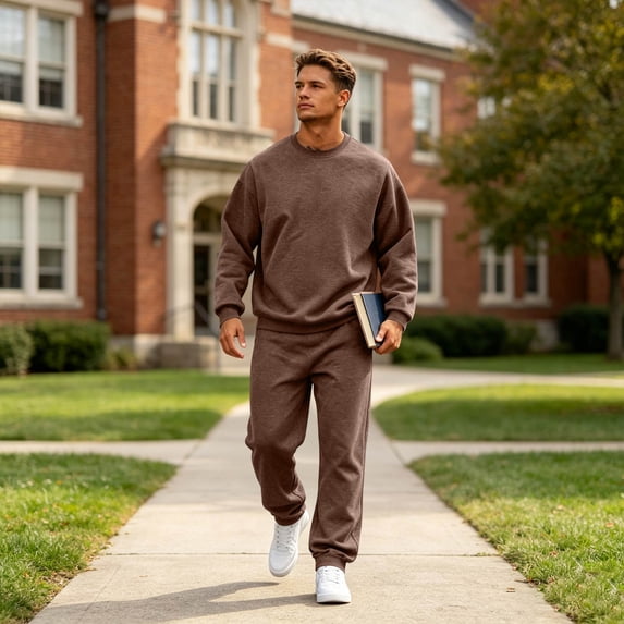 Domuza Mens 2 Piece Outfits Long Sleeve Crew Neck Sweatshirt Tracksuit & Joggers Sweatpants Sweatsuit Set Coffee M