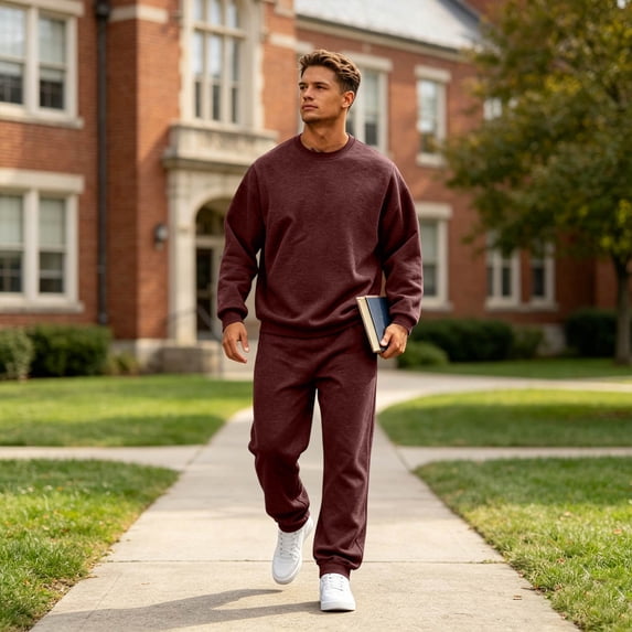 Domuza Mens 2 Piece Outfits Long Sleeve Crew Neck Sweatshirt Tracksuit & Joggers Sweatpants Sweatsuit Set Wine M