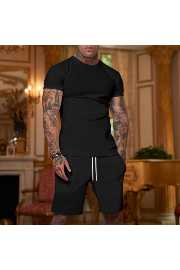 Mens 2 Piece Short Set Casual Tee Shirt Drawstring Shorts Set Summer Athletic Jogging Tracksuits Black L