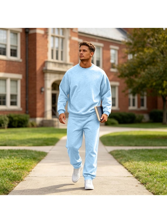 Mens 2 Piece Sweatsuits Set Crew Neck Long Sleeve Sweatshirt Jogging Sweatpants Tracksuits Outfits Light Blue S