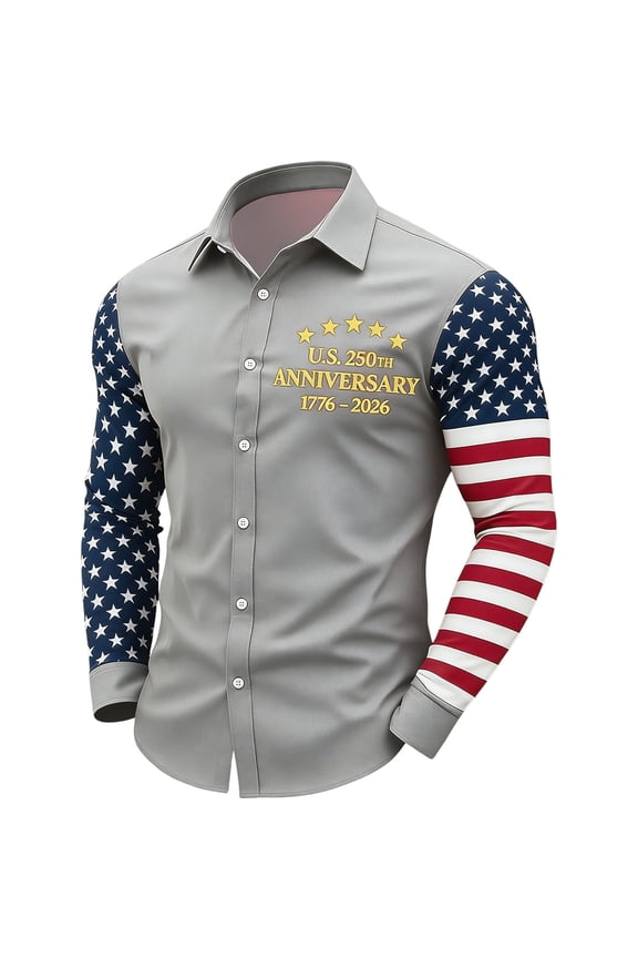 Mens 250 Anniversary USA Button Down Shirt Long Sleeve American Flag Print Shirts Patriotic Casual Hawaiian Shirt Gray M