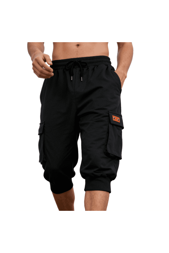 Mens 3/4 Long Cargo Shorts Casual Elastic Waist Drawstring Pants 3/4 Joggers Tapered Fit Workout Gym Sweatpants with Pockets Black XL