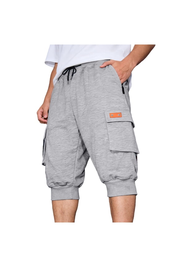 Mens 3/4 Long Cargo Shorts Casual Elastic Waist Drawstring Pants 3/4 Joggers Tapered Fit Workout Gym Sweatpants with Pockets Gray L