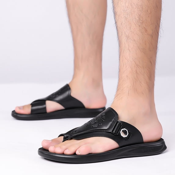 Domuza Mens Adjustable Buckle Thong Flip Flops, Embossed Faux Leather Open Toe Slide Sandals, Lightweight Cushioned Sport Summer Beach Casual Sandals Black 9 (EU-43)